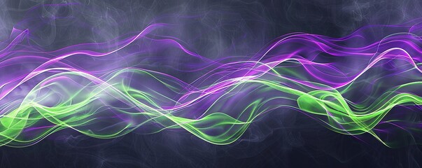 Wall Mural - A panoramic layout of electric violet and bright green plexus lines sweeping across a dark grey background