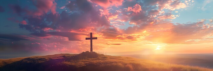 Wall Mural - a cross on a hill with a sunset in the background