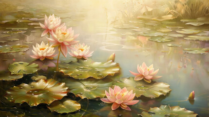 Golden magic pond, water lilies bloom with quiet elegance, their delicate petals unfurling in the soft light, adding a touch of ethereal beauty to the tranquil waters.