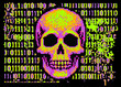 A collage of a skull and binary code on a glitchy pixelated neon background. The concept of cybersecurity and malware.