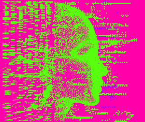 Aufkleber - Green 3D human profile made of pixels and particles on pink background. Conceptual vector illustration of identity in virtual reality.