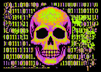 Aufkleber - A collage of a skull and binary code on a glitchy pixelated neon background. The concept of cybersecurity and malware.