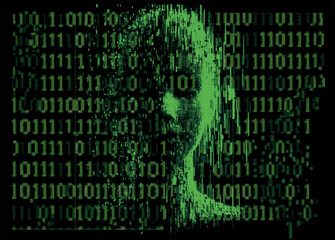 Aufkleber - Collage of binary code and 3D human face in pixel art style. Conceptual vector illustration on the topic of virtual reality and technology.