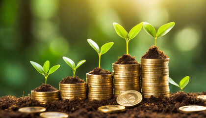 Trees grow on piles of gold coins on the ground, business growth tips. Investment in agribusiness and agricultural processing