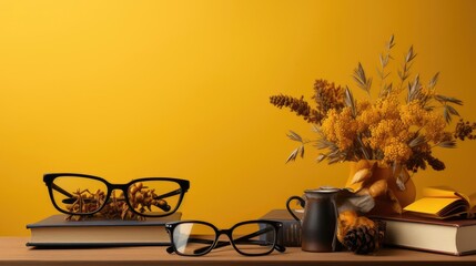 Wall Mural - happy graduation background with pile of books and glasses on yellow background