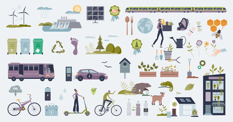 Wall Mural - Green infrastructure and smart eco friendly lifestyle tiny person collection set. Labeled elements with sustainable transportation using environmental and renewable power sources vector illustration.