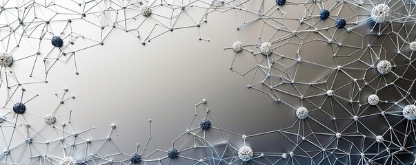 horizontal backdrop featuring a sophisticated network of silver and dark blue connections over a gradient grey canvas