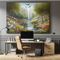 Wall Mural - A desk with a computer and a painting on the wall image art photo attractive has illustrative meaning.