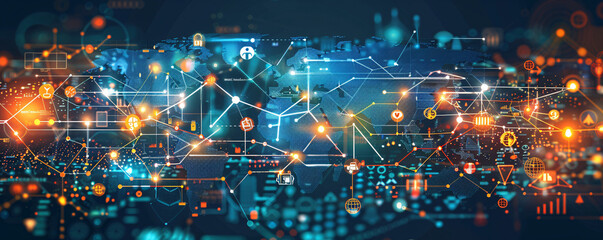 A sophisticated graphic illustrating the global business structure of networking, with visual elements representing analysis, data exchange, customer connection, HR recruitment, and global