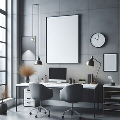 Wall Mural - A desk with a computer and a picture frame on the wall image art photo harmony.