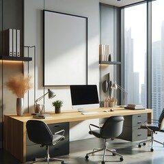 Wall Mural - A desk with a computer and chairs in a room with a large window image art art lively.