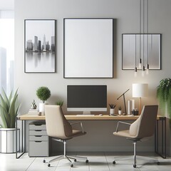 Wall Mural - A desk with a computer and a plant on it image art attractive used for printing.