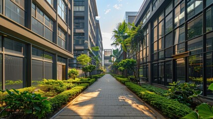 Alley with office buildings with green plants around