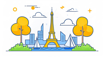 Wall Mural - simple line art minimalist collage illustration with a sailing professional demonstrates the highest level of skill and Eiffel Tower in the background