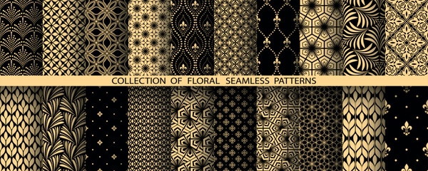 Wall Mural - Geometric floral set of seamless patterns. Golden and black vector backgrounds. Damask graphic ornaments