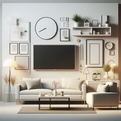 Wall Mural - A living room with a template mockup poster empty white and with a tv and a couch image art realistic harmony.