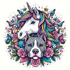 Wall Mural - A dog and unicorn with flowers image art realistic used for printing card design illustrator.