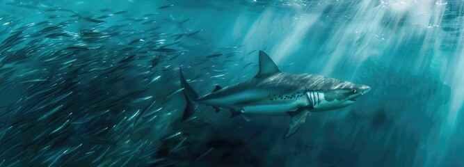 Wall Mural - Le requin en train de chasser dans un banc de sardine en plein oc?(C)an