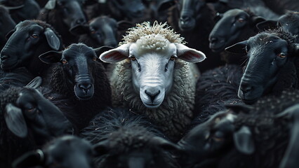 Sticker - a group of black sheep surrounding a white sheep