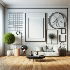 Wall Mural - A Room with a template mockup poster empty white and with a couch and a coffee table art realistic photo harmony.