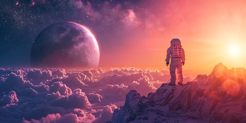 Wall Mural - astronaut standing on alien planet gazing at futuristic interplanetary landscape with crescent moon 