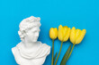 Apollo with yellow tulips on a blue background.