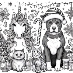 Wall Mural - Many animals include dogs cats unicorns with christmas decorations art attractive lively used for printing illustrator.