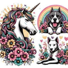 Wall Mural - Many images of a dog and a unicorn image art realistic photo attractive illustrator.