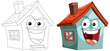 Two animated houses showing happy facial expressions