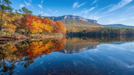 Wall Mural - Seasonal Landscape: Autumn Colours Reflected in Lake at Cheaha State Park, Alabama