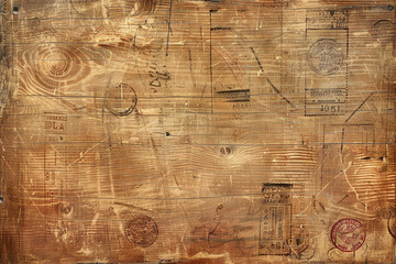 Wall Mural - Vintage maple wood texture with stamps and ink residues.