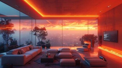 Wall Mural - Advanced high-tech living room setup displaying interactive surfaces and invisible technology integrated into minimalist decor, hyperrealistically depicted with sharp graphics .