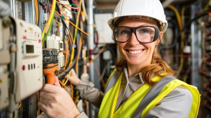 female electrician in safety gear, smiling with tools, industrial setting