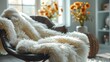 Close-up of a living room interior focusing on high contrast decor elements like a white furry throw over a black leather chair, showing hyperrealistic details of texture and light play, no people 