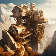 A futuristic steampunk mountain range with mechanical mines, gear-laden structures embedded