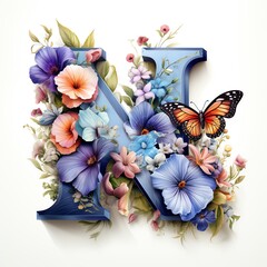 Letter N in floral style. Amazing isolated font.