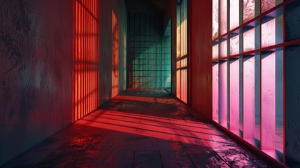 A 3D metallic image of prison bars with a mix of warm and cold colors