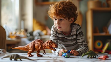 Children having fun playing with cute dinosaurs in the picture, child's room, Toys are a mess