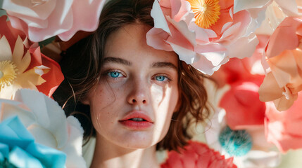 Wall Mural - A young female model is in the middle of flowers, showcasing a stylish appearance with her face adorned by blossoms. Her face is completely covered with flowers. In the style of fashion editorial.