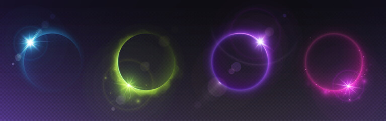 Wall Mural - solar eclipse light circle with bright flare and sparkle. realistic vector illustration set of neon 