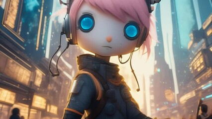 Wall Mural - A doll-like figure with blue eyes and pink hair, dressed in cyberpunk attire, stands in a bustling futuristic city. 