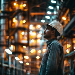 Wall Mural - Hardworking Industrial Worker Inspecting Equipment in Dimly Lit Manufacturing Facility at Night