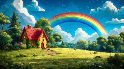 Wall Mural - A rainbow stretches across a green landscape