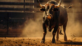  Bulls are running in a dusty arena with a crowd watching bull at bullfight in Mallorca Bull with big horns in the pasture. Selective focus on bull.

