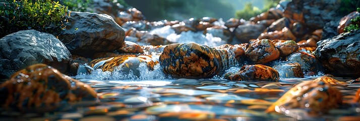 Wall Mural - Mountain stream flows on the rocks through stones, Rocks changed color caused to contact with water realistic nature and landscape