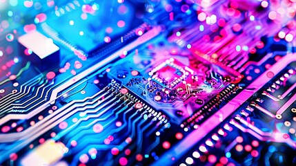 Wall Mural - Orange and blue technology background circuit board and code