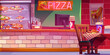 Pizza restaurant interior. Vector cartoon illustration of Italian pizzeria, fast food piece and drink in paper cup on wooden, table, glass display, cash desk counter, catering and delivery service