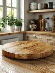 Wall Mural - Empty round wood tabletop counter on interior in clean and bright kitchen background