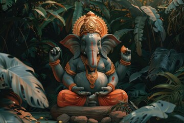 Lord Ganesha sitting in meditating yoga pose in jungle.