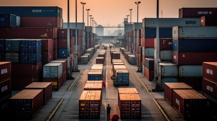 Wall Mural - Sunset at busy cargo container terminal